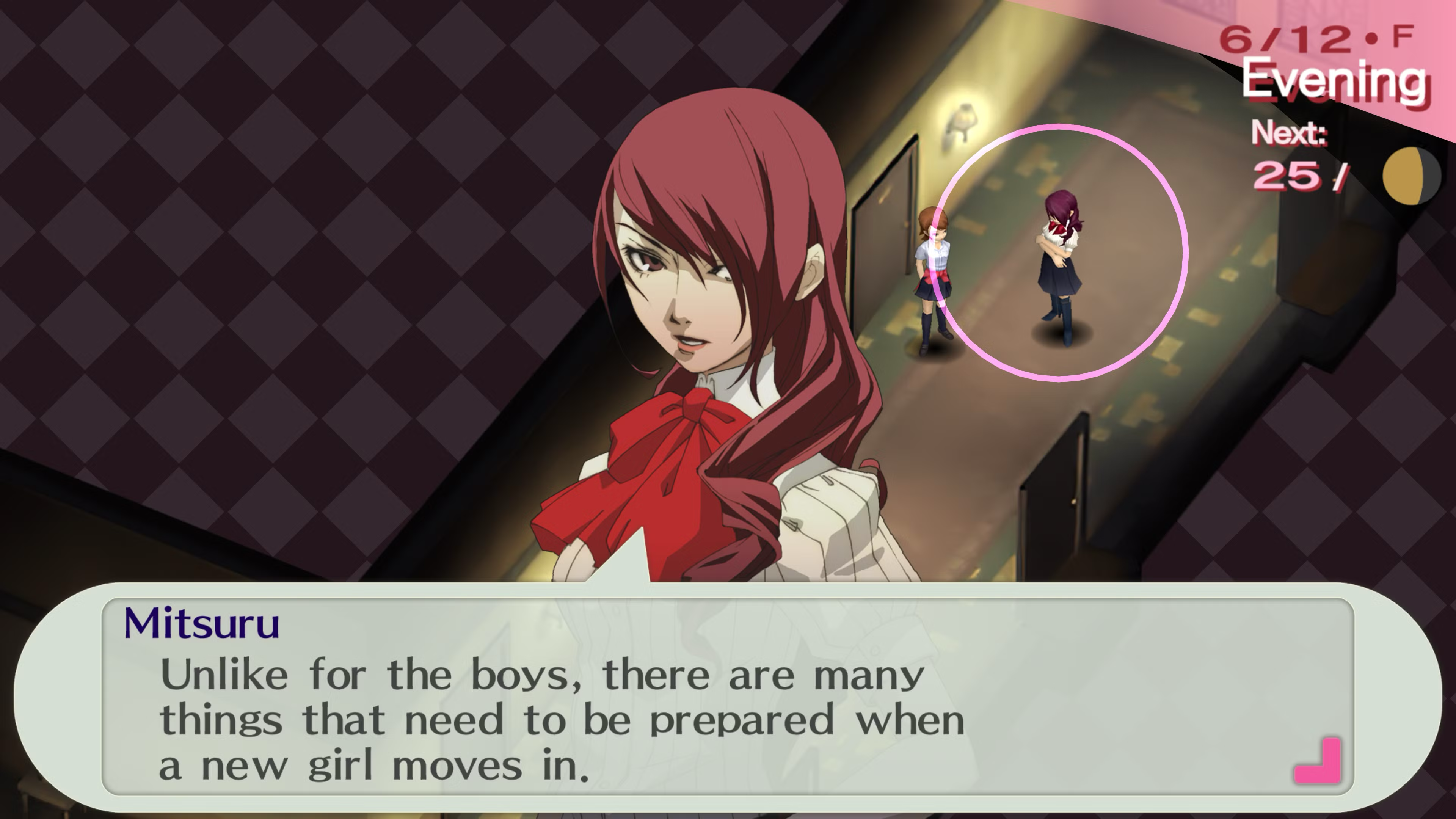 Screenshot of Persona 3 Portable. The player is in the dorms, talking to Mitsuru: "Unlike for the boys, there are many things that need to be prepared when a new girl moves in."