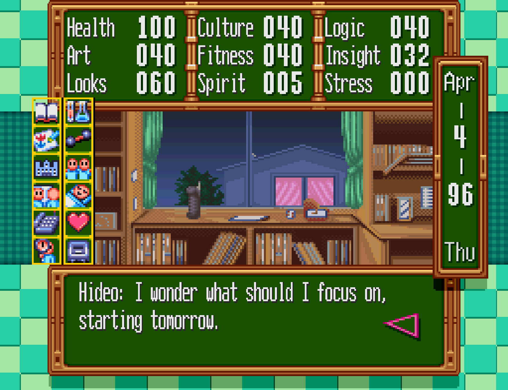 Screenshot of the activity screen in Tokimeki Memorial, showing the player's stats and icons for different options